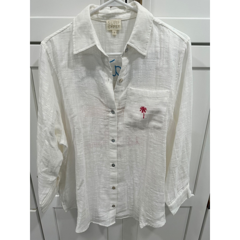Surf Gypsy White Cotton Gauze Vacation Embroidered Button Down Shirt B2252 S
